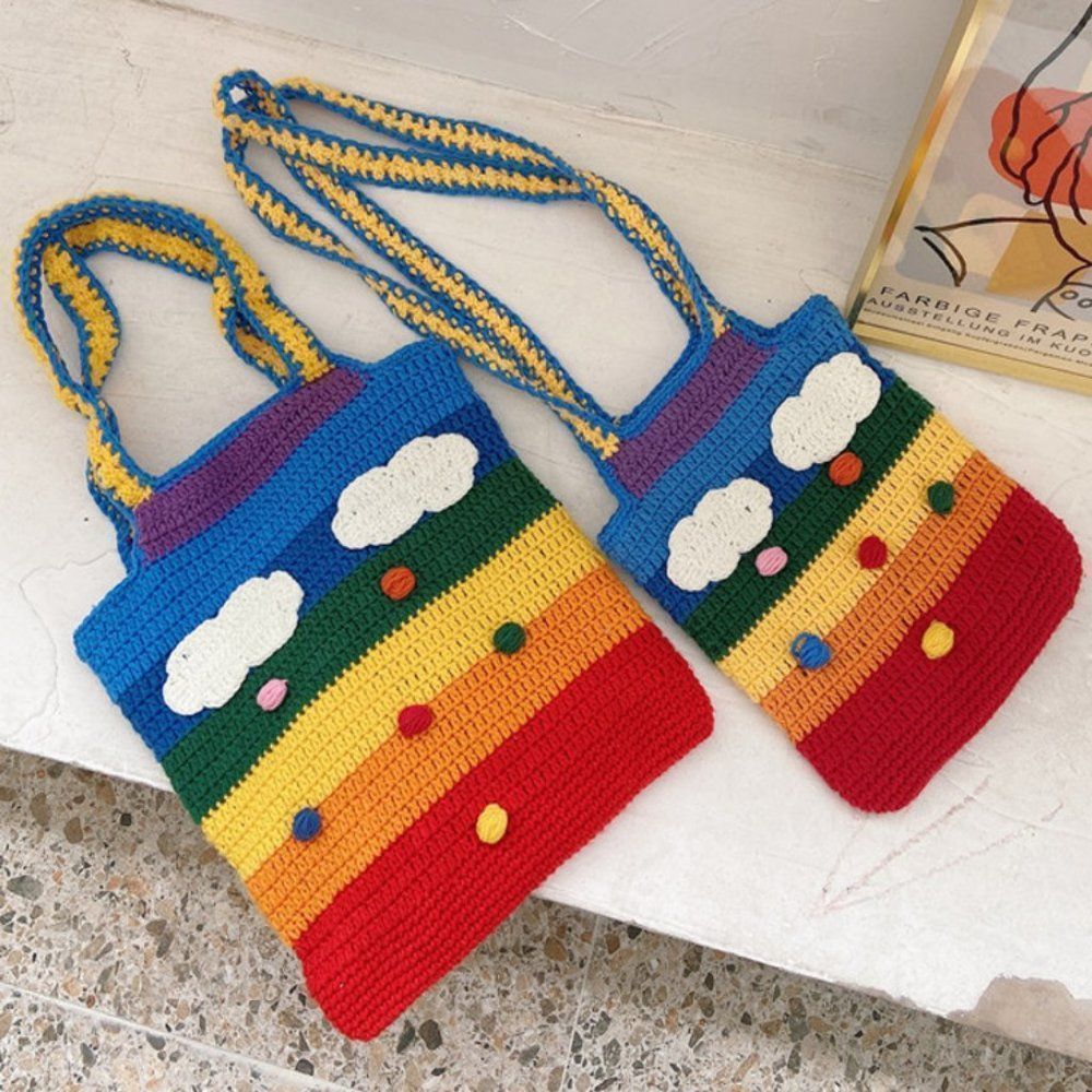 Rainbow Striped Knitted Bag | Women Handmade Crochet Shoulder Bag - Picture 6 of 6